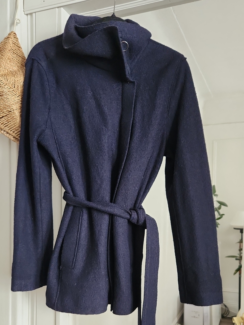 Womens Navy Wool Blend Wrap Jacket with Belt
